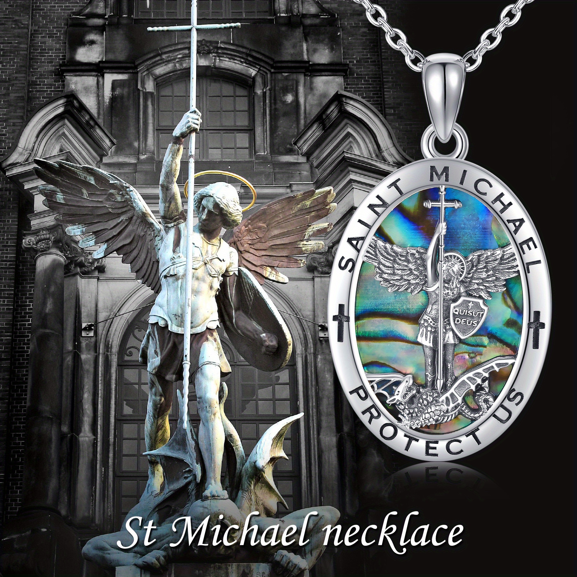 S925 Sterling Silver St Michael Necklace with Synthetic Abalone Shell